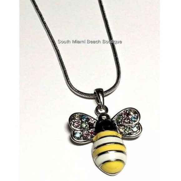 Silver Crystal Bumble Bee Necklace Multicolor 18" - Picture 5 of 8